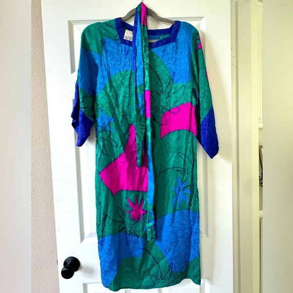 Flora Kung vibrant vivid 80’s/90’s vintage 100% silk dress with tie wrap size S - Picture 5 of 6